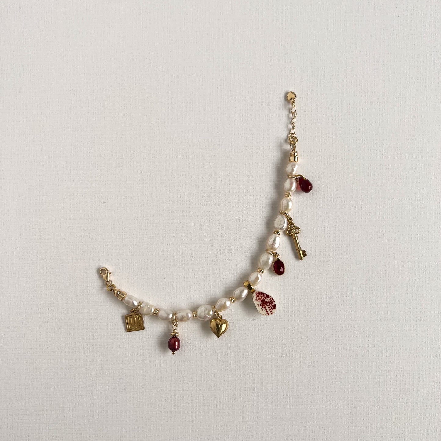 Red Ruby Pearl Charm Bracelet
