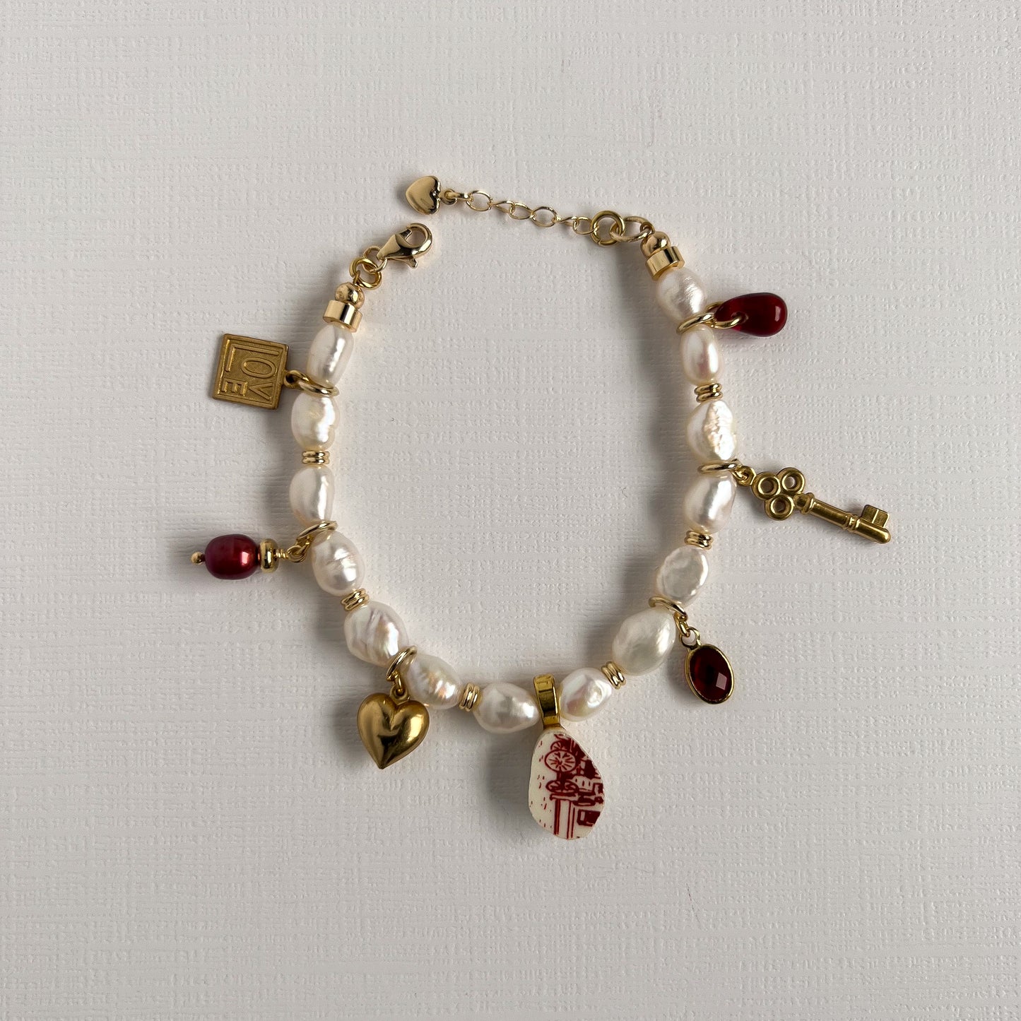 Red Ruby Pearl Charm Bracelet