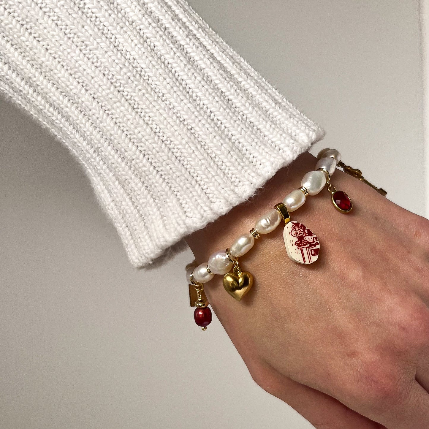 Red Ruby Pearl Charm Bracelet